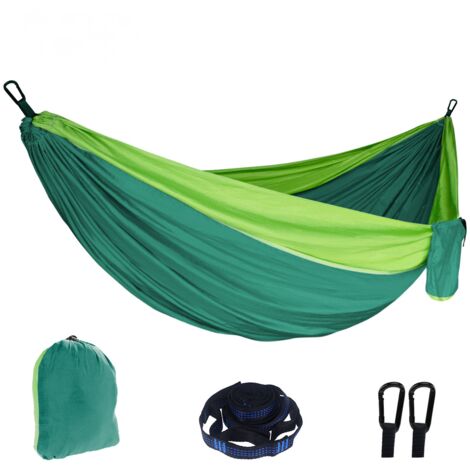 Hamac de camping d'extérieur - Hamac parachute portable super léger avec deux sangles d'arbre - En nylon - Arbre de voyage (vert foncé, 270 x 140 cm)
