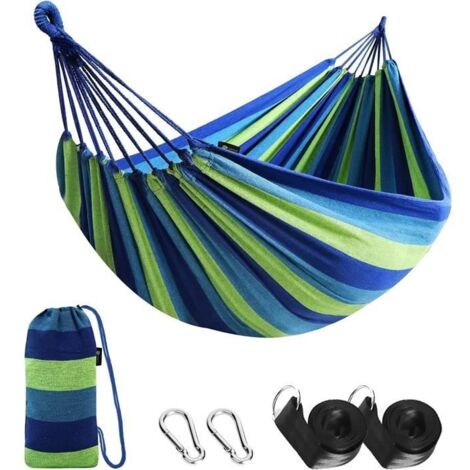 Hamac de camping extérieur portable en toile, capacité 200 kg, léger avec sac de transport, 200x150 cm bleu.