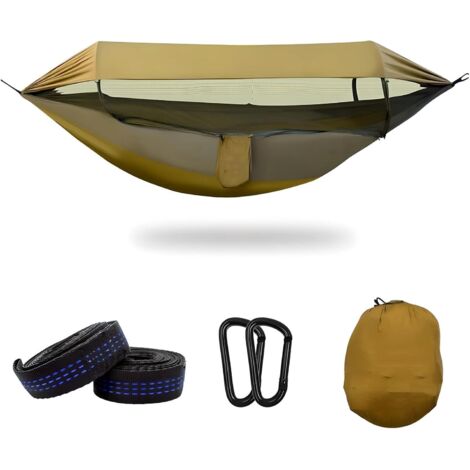 Hamac de camping portable à double étage avec moustiquaire et cordes, supportant jusqu'à 200 kg, et doté d'une toile double couche imperméable, ce qui le rend idéal pour la randonnée.