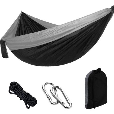 Hamac de camping ultra-léger en nylon à séchage rapide, avec mousquetons et sangles de qualité - Noir/Gris