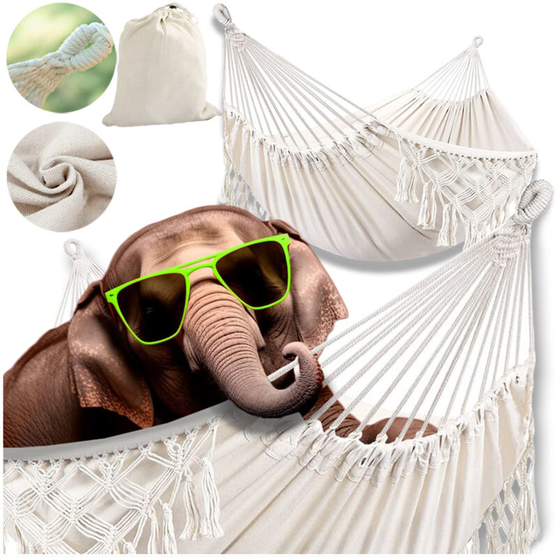 Hamac de jardin bohème en macramé 280x80 cm, beige vintage, style touristique