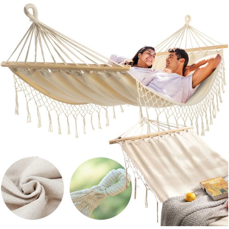 Hamac de jardin bohème en macramé avec barre d'écartement et bandeau pour une personne, housse beige