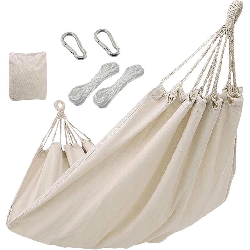 Hamac de jardin en coton avec cordes et mousquetons résistants pour jardin, patio, camping, extérieur ou intérieur, supporte jusqu'à 150 kg, 150 x
