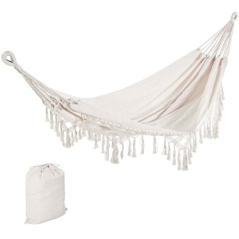 Hamac de voyage portable, hamac de style bohème, hamac à pompons, taille totale 200150 cm, beige