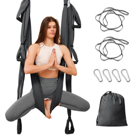 Hamac de yoga aérien – Nylon taffetas résistant – Charge maximale 300 kg – Hauteur réglable avec mousquetons – 6 poignées en mousse – Leogreen
