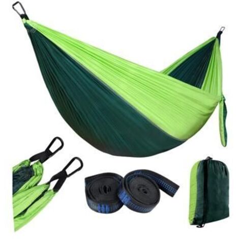 Hamac d'extérieur 2 places en nylon 210T, idéal pour le camping ou le jardin. Installation facile, dimensions 270 x 140 cm.