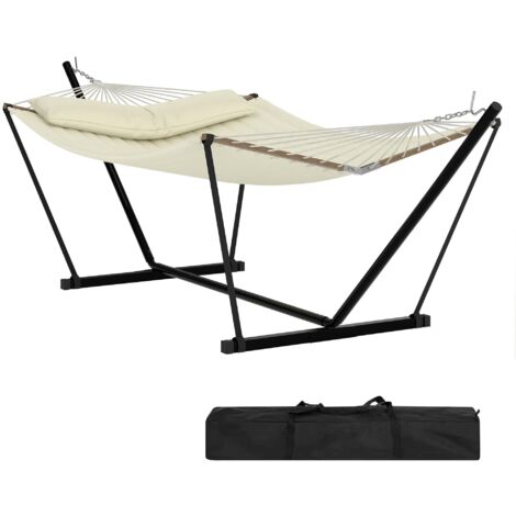 Hamac double 2 places avec support complet, rembourré polyester, charge 204 kg. Résistant extérieur, parfait pour jardin, terrasse, camping et plage