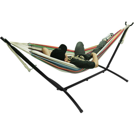 Hamac Double 2,57 m avec Support, tissu de coton extra large,pour la terrasse intérieure, la terrasse, la Cour, Le Balcon