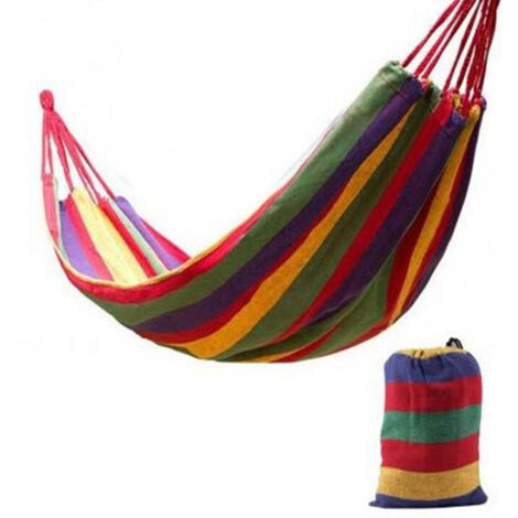 Hamac Double Camping Portable avec 2 Sangles d'Attache, Rayures Colorées pour Intérieur et Extérieur Rouge