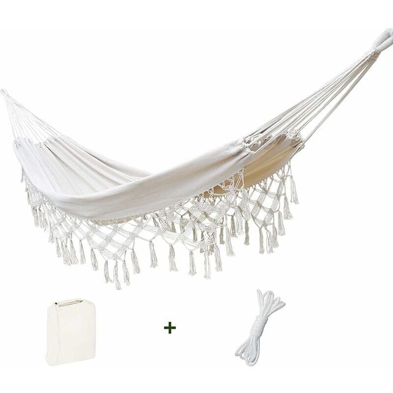 Hamac double pour la maison ou l'extérieur, intérieur et extérieur, coton doux, deux personnes, terrasse, cour, porche, pelouse et cour, blanc,