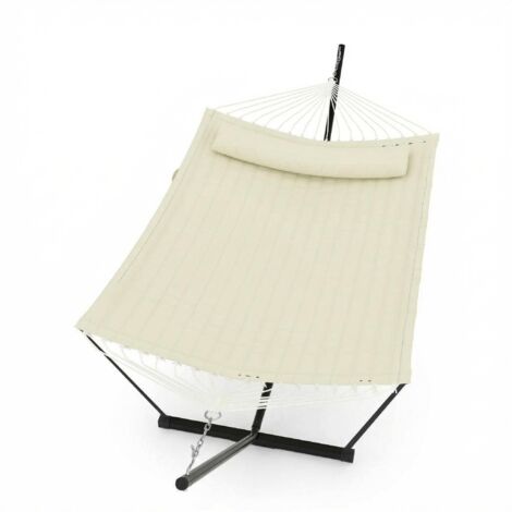 Hamac Double Robuste pour 2 Personnes avec Support Et Coussin - pour Jardin Terrasse Plage Ou Piscine - Blanc Cassé