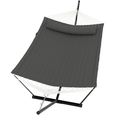 Hamac Double Robuste pour 2 Personnes avec Support Et Coussin - pour Jardin Terrasse Plage Ou Piscine - Blanc Cassé - Gris Foncé