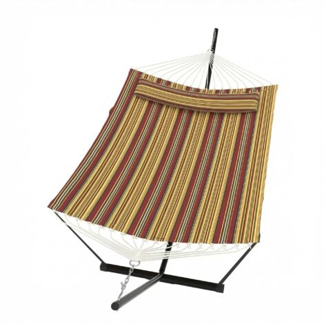 Hamac Double Robuste pour 2 Personnes avec Support Et Coussin - pour Jardin Terrasse Plage Ou Piscine -Rayé Rouge et Jaune