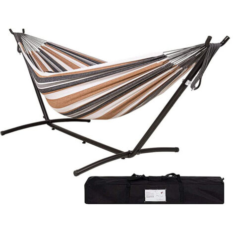 hamac en toile marron avec structure en acier ensemble support pour camping et exterieur capacite de charge 300 kg