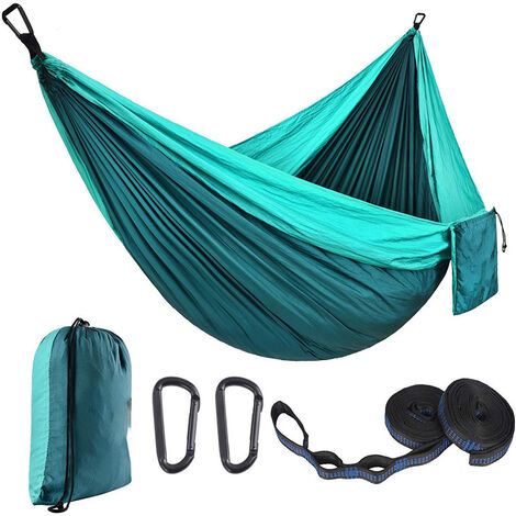 BOED Hamac extérieur, hamac de voyage 300x200cm pour 2 personnes, hamac de camping en soie parachute 300kg avec 2 sangles en nylon + 2 boucles de randonnée en acier solide (Bleu paon et vert paon)