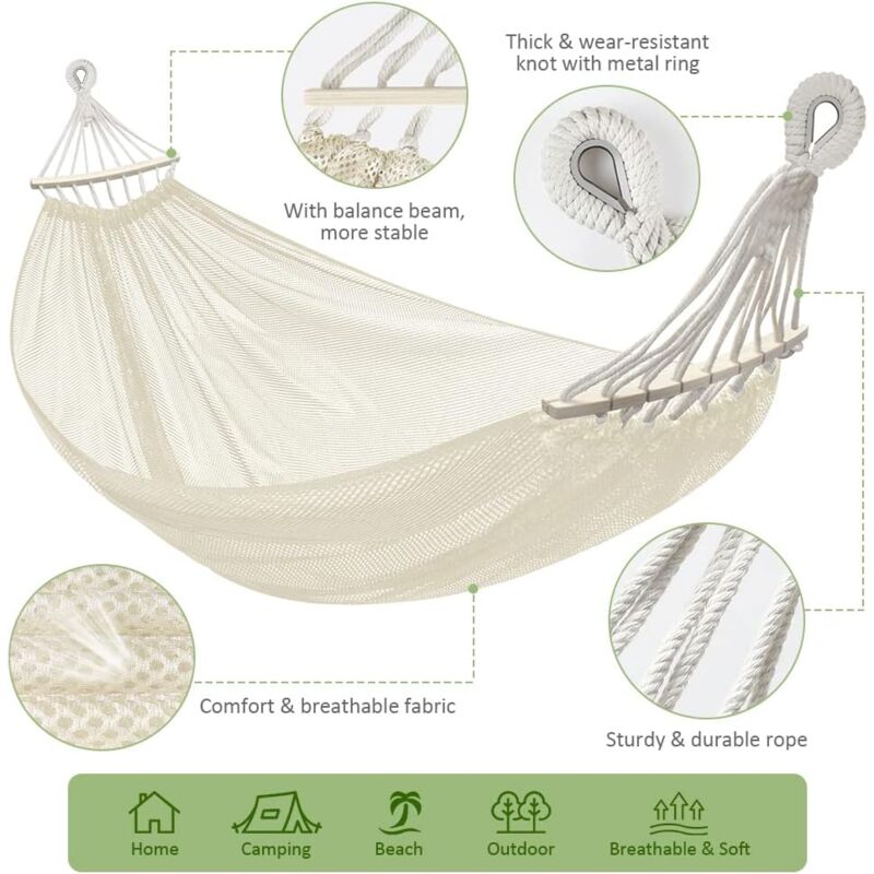 Hamac Filet Suspendu, Hamac de Camping et Jardin Léger et Frais pour Intérieur/Extérieur, Terrasse, La Sieste, 290 x 150 cm, 250kg Capacité de Charge