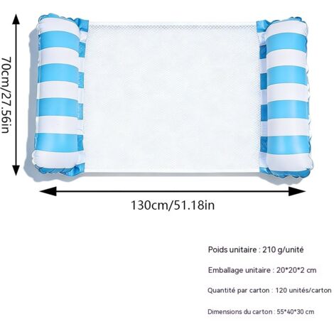 Hamac gonflable rayé pour piscine, chaise longue aquatique 2 branches, flotteur portable pour piscine - Bleu clair (sans pompe) (rayé) (1 pièce)
