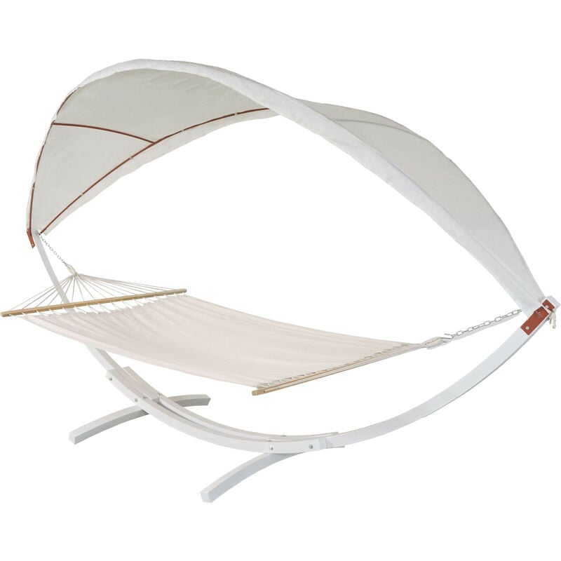 Hamac HWC-J47 jusqu'à 200kg toit solaire cadre en bois - fsc 420cm 2 personnes blanc, crème-blanc