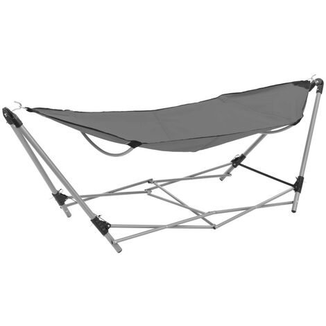 Hamac Pliable Gris 241 cm. Avec support. Pour de longues siestes au jardin ou dans la véranda