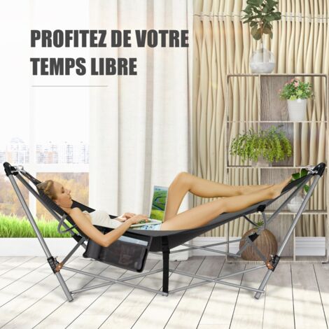 Hamac Pliant Intérieur et Extérieur avec Poche Latérale Boucles Anti-basculement et Support en Fer Lit Hamac de Camping Pliable pour Porche Noir