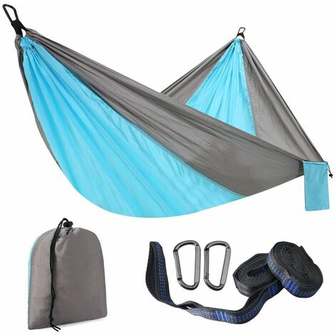 Hamac portable gris bleu 300 x 200 cm, lit hamac, lit de camping double personne tente en tissu parachute lit parachute/jardin, hamac extérieur, tissu nylon voyage camping