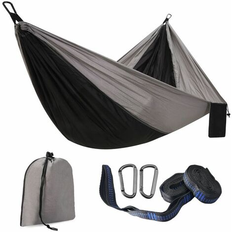 Hamac Portable Gris Noir 300 x 200 cm, lit hamac, lit de camping double personne tente tissu parachute lit parachute/jardin, hamac extérieur, tissu nylon voyage