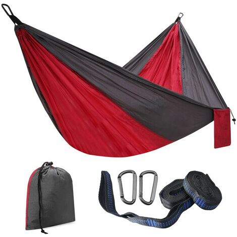 Hamac portable gris rougeâtre 300 x 200 cm, lit hamac, lit de camping double personne tente en tissu parachute lit parachute/jardin, hamac extérieur, tissu nylon voyage camping