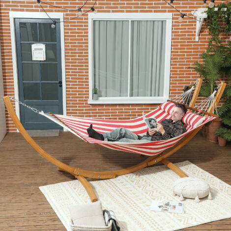 Hamac sur pied 1 place. hamac avec support en bois oreiller de tête. lit en coton. 310x118x120cm. rouge et blanche