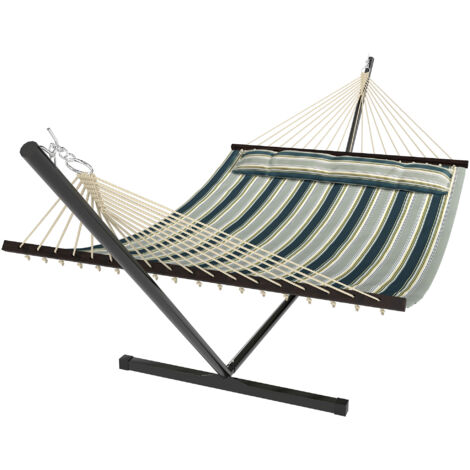 Hamac sur pied 353 cm, hamac avec support acier avec coussin amovible et barres d'écartement, vert