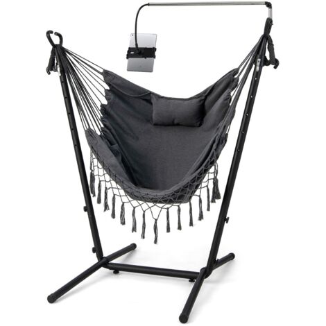 Hamac sur Pied avec Support en Métal et Porte-Téléphone Charge 250KG Hamac de Jardin avec Oreiller et Poche Latérale Gris