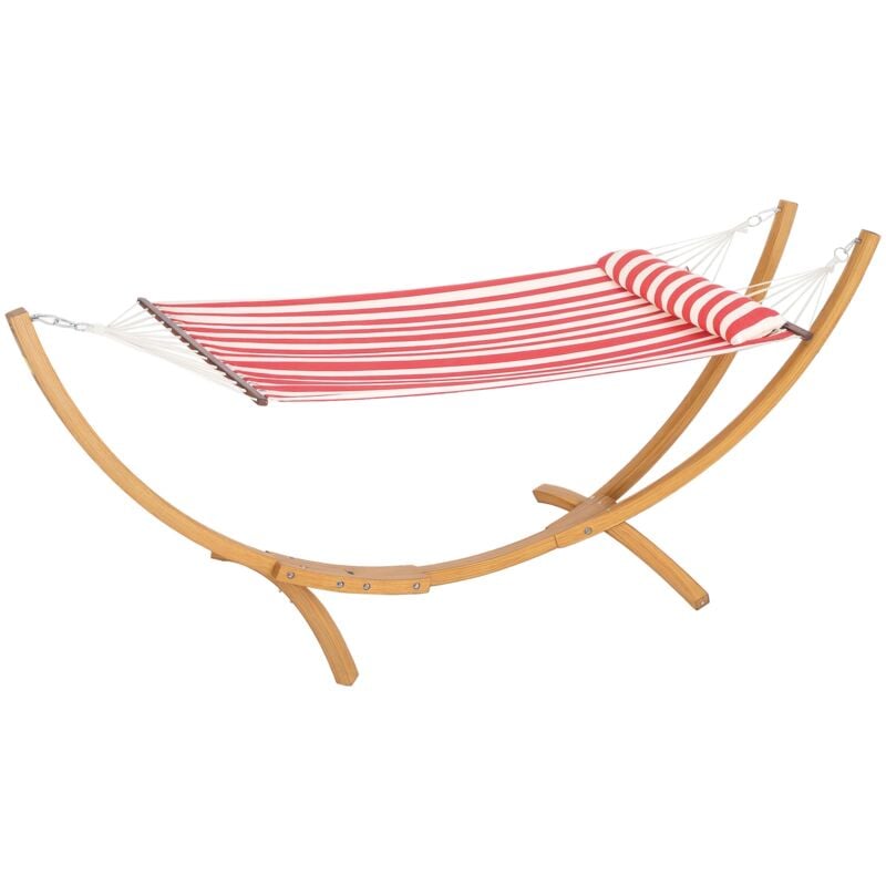 Hamac sur pied en bois - 1 place - bois teinte teck toile 100% coton rouge blanc rayée