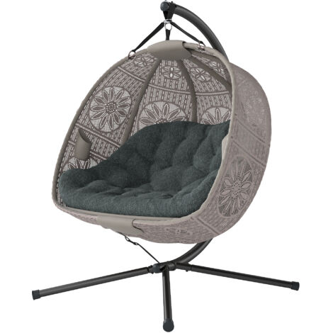 Hamac suspendu avec support, balancelle œuf avec coussin amovible lavable, chaise suspendue pour 2 personnes, fauteuil balançoire intérieur extérieur, Sable+Noir