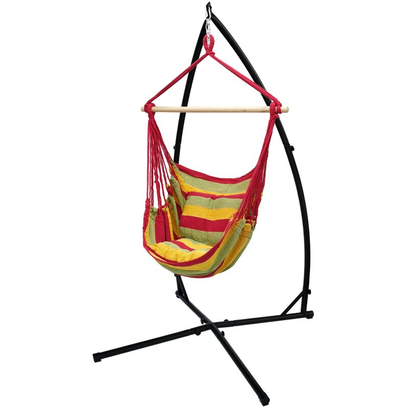 Chaise Suspendue avec Cadre 208 cm - Hamac Suspendu avec 2 Coussins Rouge/Vert/Jaune - jusqu'à 120 kg - Structure en Métal - pour Jardin ou Terrasse