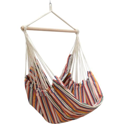 Hamac suspendu XXL 185x130 cm 100% coton 150 kg – Siège pivotant 360° – Pour intérieur et extérieur – Rayé multicolore