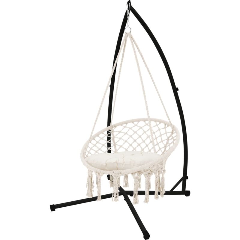 Ml-design - ecd Germany Fauteuil Suspendu avec Coussin Beige et Support Noir 208 cm, Style Boho, Design Macramé, Coton, ø 60 cm, 120 kg, Franges