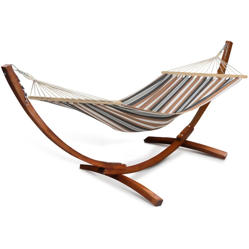 Hamac xl avec support bois et toile rayée noire, blanche et chocolat