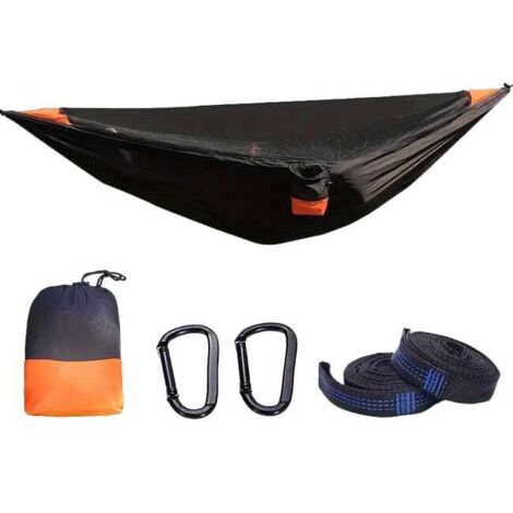 Hamaca de camping con mosquitera, hamaca elástica con mosquitera y apertura rápida automática, color negro y naranja, 280 x 140 cm.