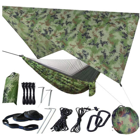 Hamaca de camping con mosquitera y toldo - 260 x 140 cm - Nailon - Ligera - Para viajes, senderismo, picnic y jardín - Azul grisáceo