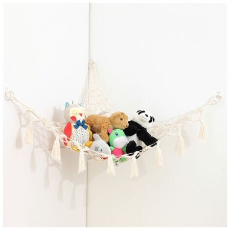 Hamaca de macramé de peluche con luz, hamaca de juguete de esquina, organizador de exhibición, red colgante para mascotas, bolsa de malla de cuerda de algodón hecha a mano (forma 2)
