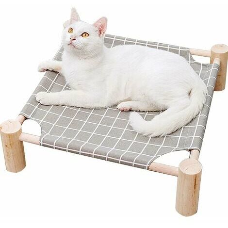 Hamaca de madera elevada para gatos, cama de refrigeración, cama portátil desmontable para mascotas (celosía gris) LYLM