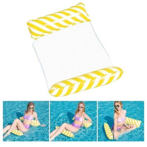 Hamaca flotante inflable amarilla, cama flotante multiusos, hamaca de natación 4 en 1 (silla de montar, sillón, bote inflable, hamaca), boquilla antifugas, tapete de playa y piscina con sellado sólido