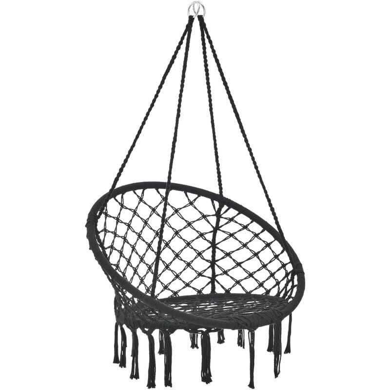 

Hamaca Silla Colgante - hasta 150 kg - Silla Columpio - con Borlas ornamentales - Algodón + Acero - Negro