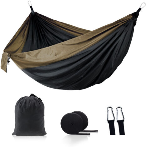 Hamaca ultraligera para exteriores - Con cuerdas de suspensión y mosquetones de acero - Carga máxima: 250 kg 270140cm Negro y camel