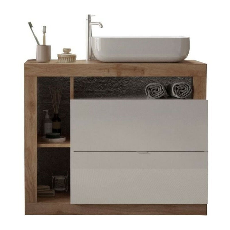 Ensemble Meuble salle de bain HAMBOURG L110 - Vasque + 2 Tiroirs + 3 niches - Coloris chene clair et laqué blanc