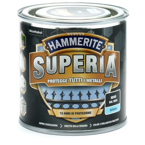 Hammerite Superia smalto metallo antiruggine interno e esterno, Brillante Nero, 250 ml