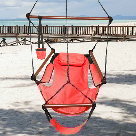 Hammock Hanging Chair W/Pillow & Drink Holder & Footrest Outdoor Swing Seat Red