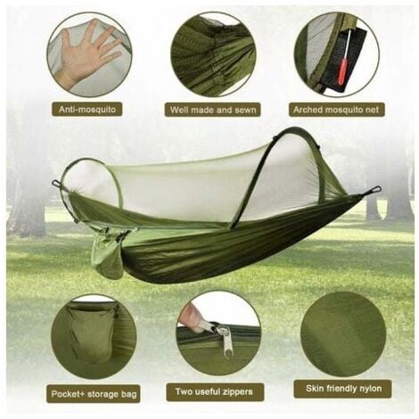 Hammock with Mosquito Net, 300kg Load Capacity, Quick Drying, Ultralight, with 2 Carabiners, 2 Sturdy Straps for Outdoor, Camping, Garden - Army Green MUMU