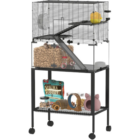 Hamsterkäfig, Kleintiergehege mit 3 Ebenen, Laufrad, Hütte, Plattformen, Rampen, Futterschale, Wasserflasche, Zubehör, Stahl, Kunststoff, Schwarz