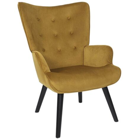 HAMZA - Fauteuil Tissu velours côtelé moutarde et piétement hévéa laqué noir