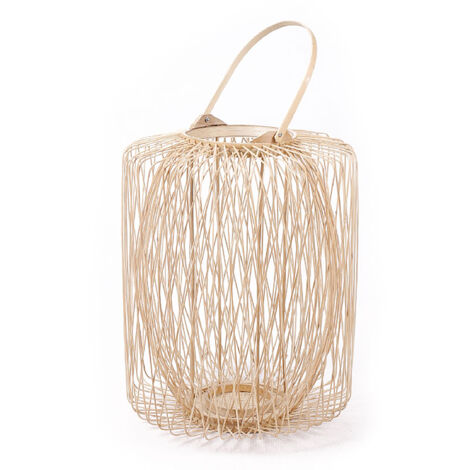 HANA - Lanterne L en Bambou Tressé à la Main - Avec Verre pour Photophore - 40cm - Style Bohème et Ethnique - Couleur Beige - Finition Naturelle